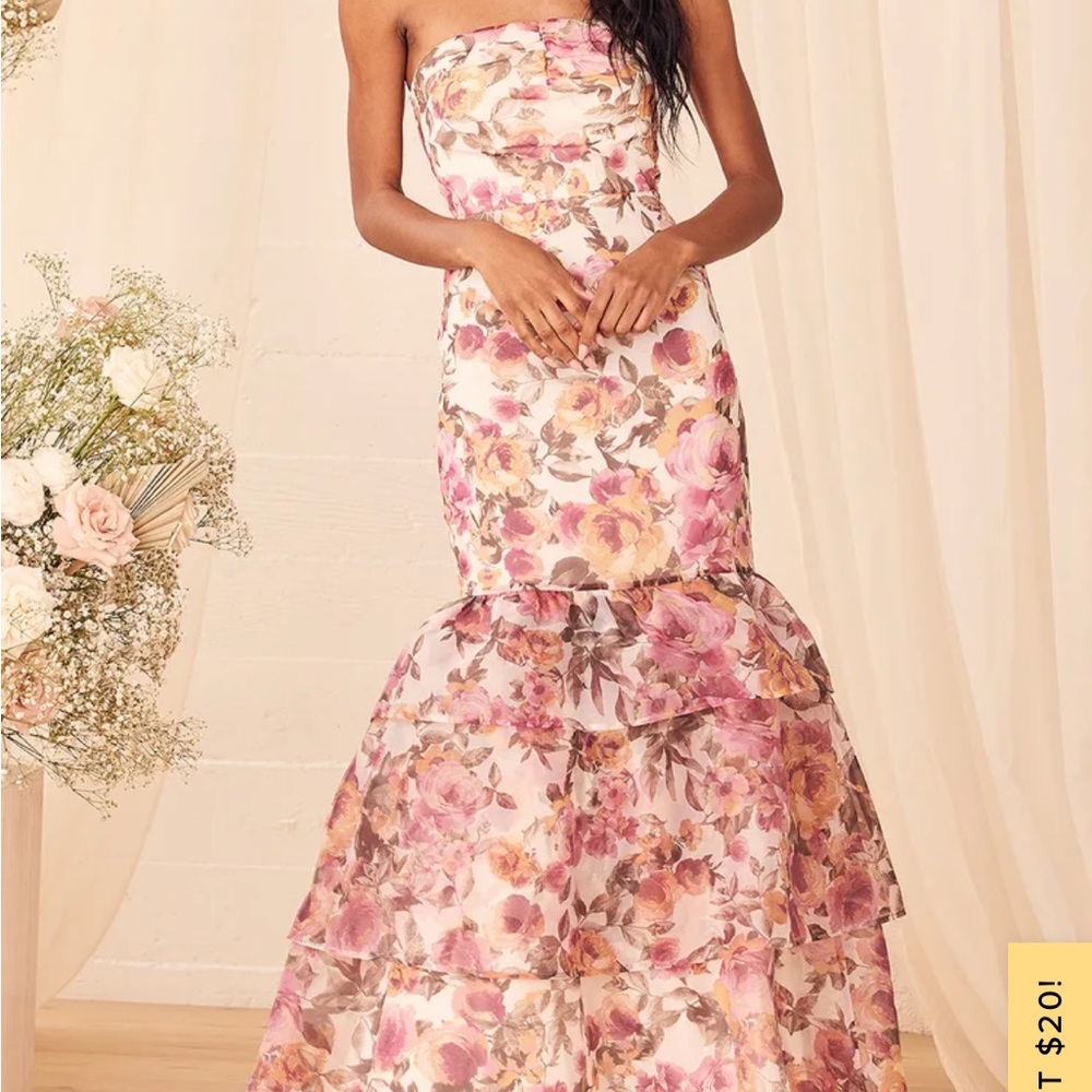 Fleur of Dreams Ivory and Pink Floral Print Organza Maxi Dress Lulus